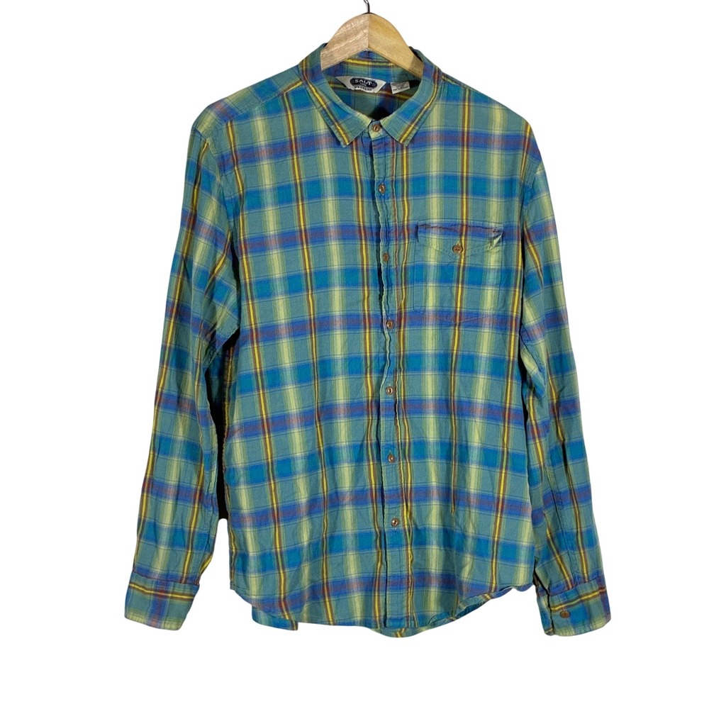 Salt Valley Western Plaid Button Down Shirt Blue Green Yellow 100% Cotton Size L